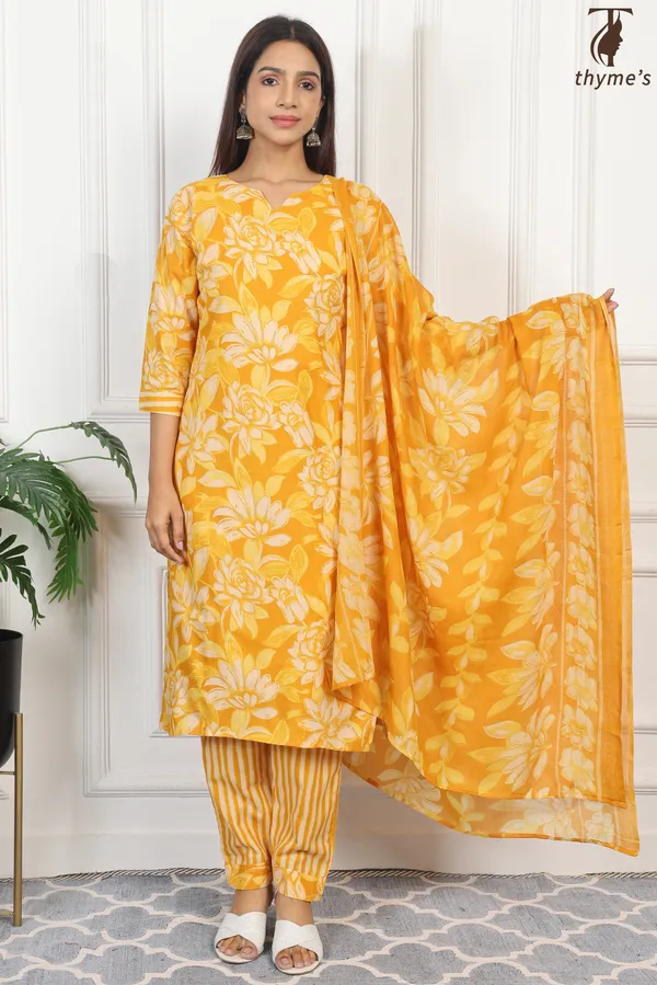 Yellow_Cotton_Printed_Kurta_Bottom_Dupatta_Set_For_Women