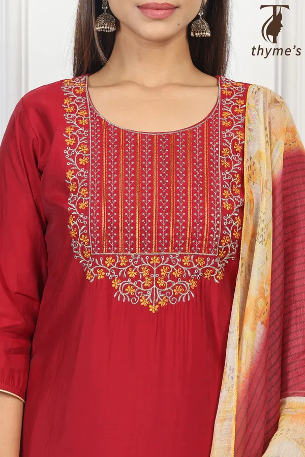 Red_Linen_Kurti_dupatta_and_Pant_Set_For_Women