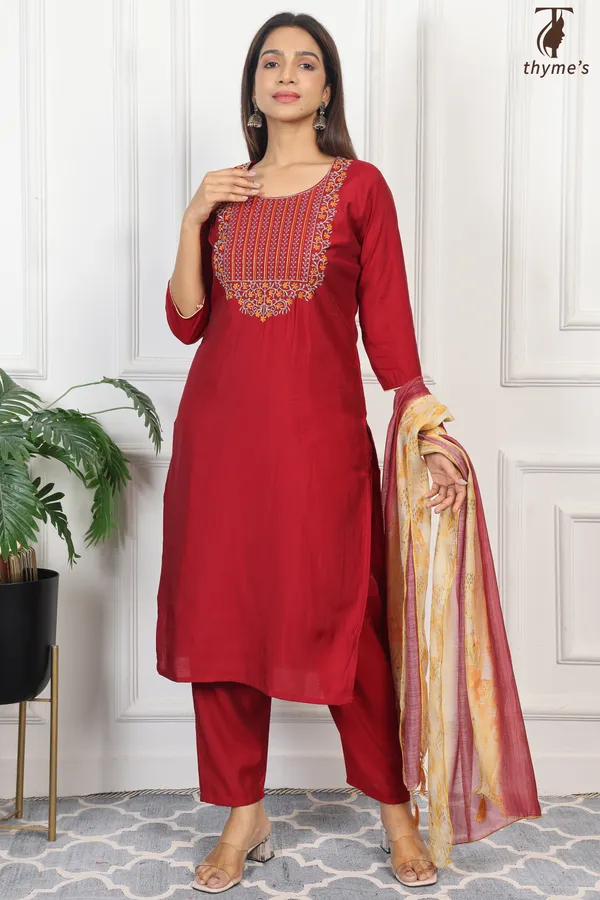Red_Linen_Kurti_dupatta_and_Pant_Set_For_Women