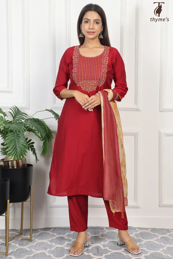 Red_Linen_Kurti_dupatta_and_Pant_Set_For_Women