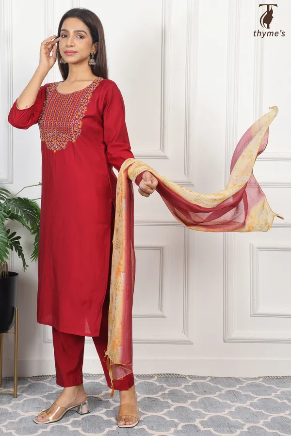 Red_Linen_Kurti_dupatta_and_Pant_Set_For_Women