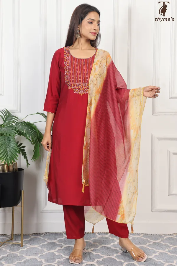 Red_Linen_Kurti_dupatta_and_Pant_Set_For_Women