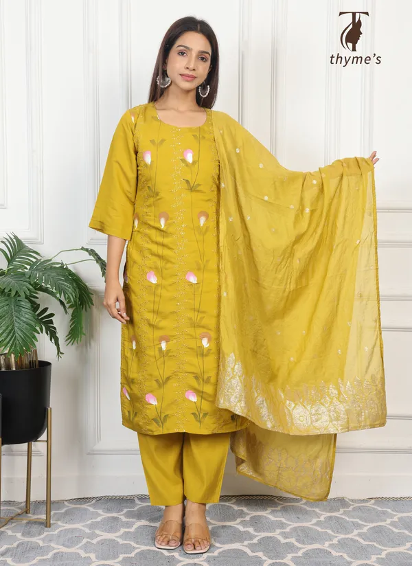 Mustard_Mul_Chanderi_Embroidery_Kurta_And_Brush_Paint_Work_3_Pcs_Set_For_Women