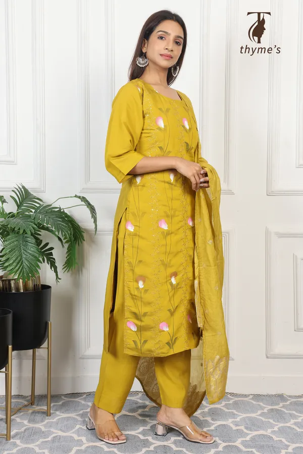 Mustard_Mul_Chanderi_Embroidery_Kurta_And_Brush_Paint_Work_3_Pcs_Set_For_Women