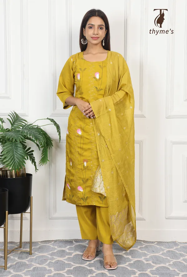 Mustard_Mul_Chanderi_Embroidery_Kurta_And_Brush_Paint_Work_3_Pcs_Set_For_Women