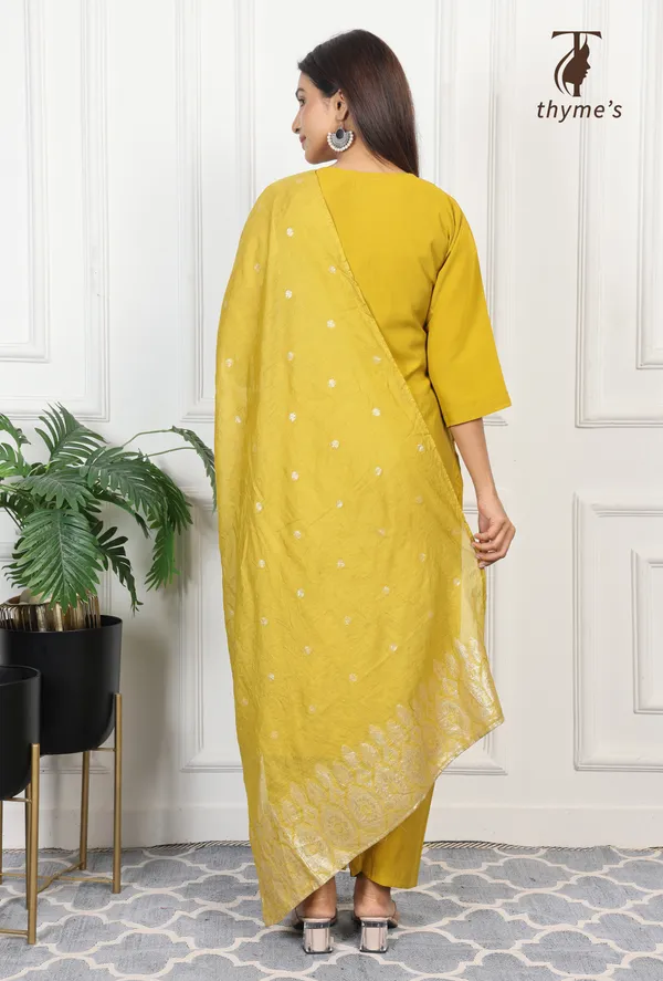 Mustard_Mul_Chanderi_Embroidery_Kurta_And_Brush_Paint_Work_3_Pcs_Set_For_Women