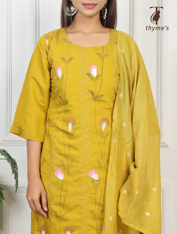 Mustard_Mul_Chanderi_Embroidery_Kurta_And_Brush_Paint_Work_3_Pcs_Set_For_Women
