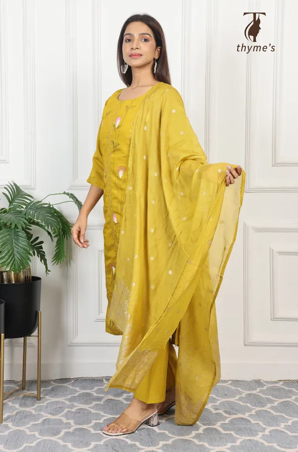 Mustard_Mul_Chanderi_Embroidery_Kurta_And_Brush_Paint_Work_3_Pcs_Set_For_Women