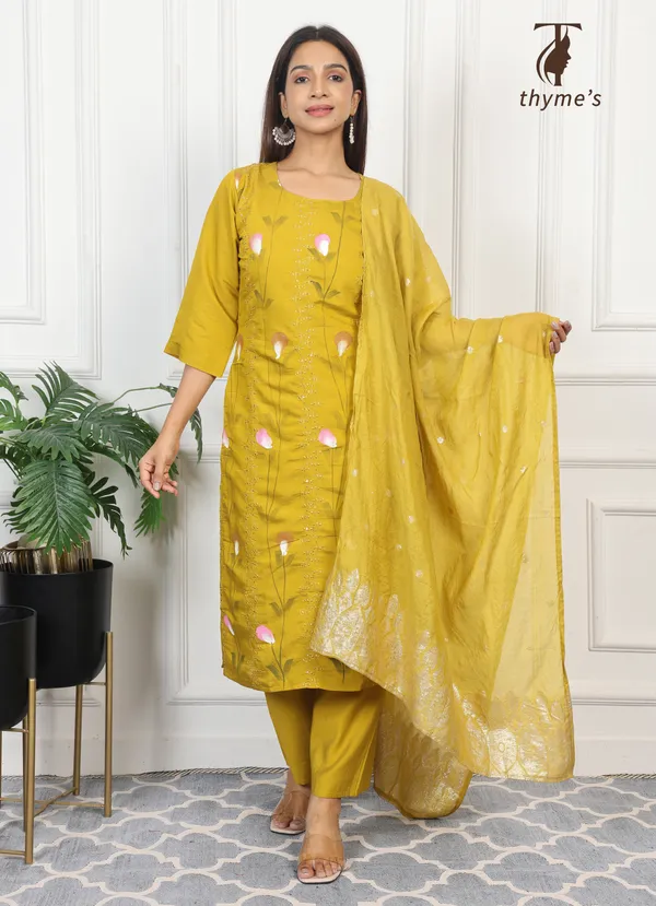 Mustard_Mul_Chanderi_Embroidery_Kurta_And_Brush_Paint_Work_3_Pcs_Set_For_Women