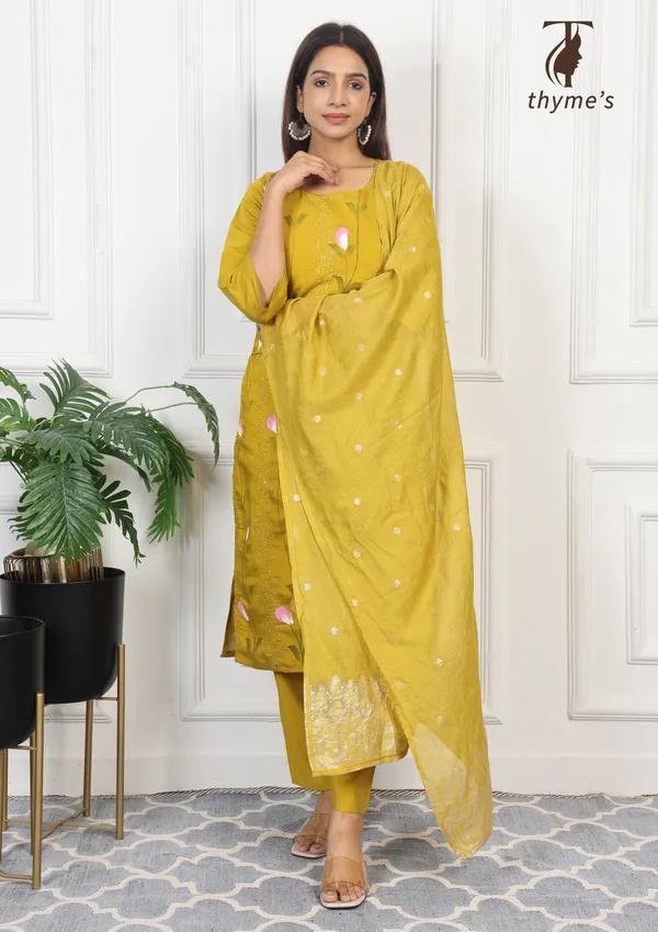 Mustard_Mul_Chanderi_Embroidery_Kurta_And_Brush_Paint_Work_3_Pcs_Set_For_Women
