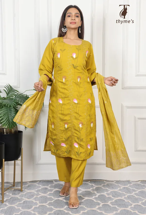 Mustard_Mul_Chanderi_Embroidery_Kurta_And_Brush_Paint_Work_3_Pcs_Set_For_Women