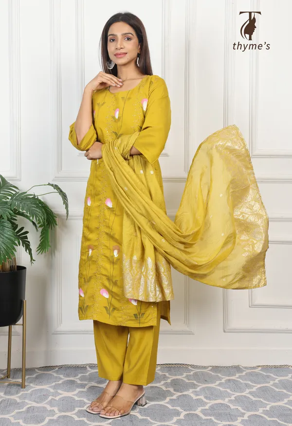 Mustard_Mul_Chanderi_Embroidery_Kurta_And_Brush_Paint_Work_3_Pcs_Set_For_Women
