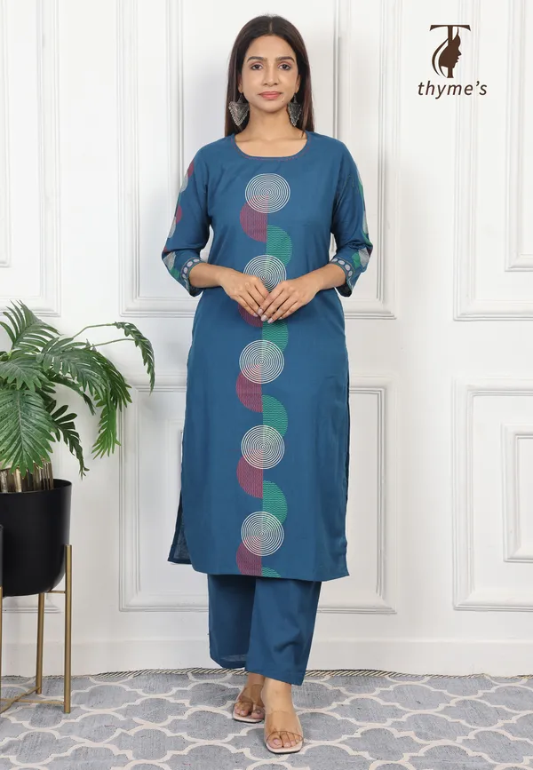 Blue_Cotton_Block_Print_On_Kurta_&_Sleeves_With_Palazzo_Pant_Co-Ord_Sets_For_Women