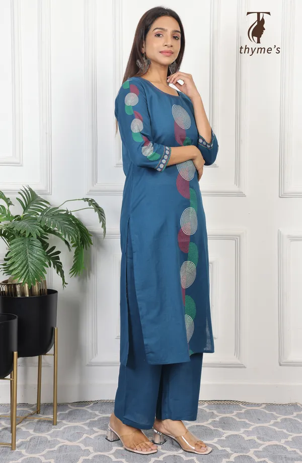 Blue_Cotton_Block_Print_On_Kurta_&_Sleeves_With_Palazzo_Pant_Co-Ord_Sets_For_Women