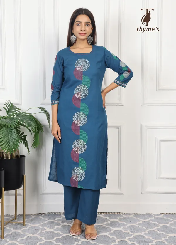 Blue_Cotton_Block_Print_On_Kurta_&_Sleeves_With_Palazzo_Pant_Co-Ord_Sets_For_Women