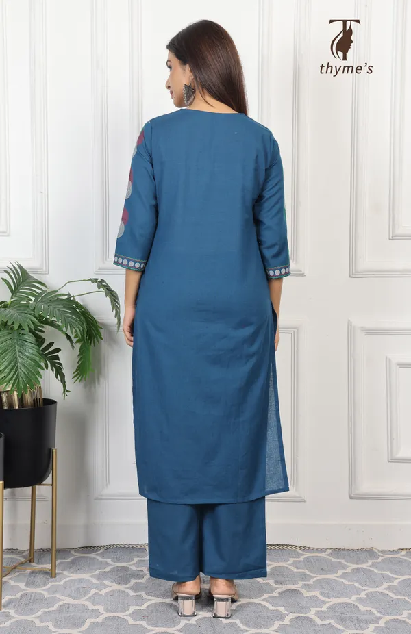Blue_Cotton_Block_Print_On_Kurta_&_Sleeves_With_Palazzo_Pant_Co-Ord_Sets_For_Women