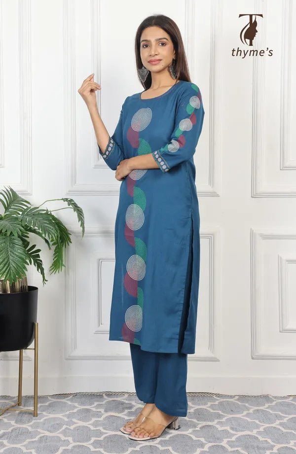 Blue_Cotton_Block_Print_On_Kurta_&_Sleeves_With_Palazzo_Pant_Co-Ord_Sets_For_Women