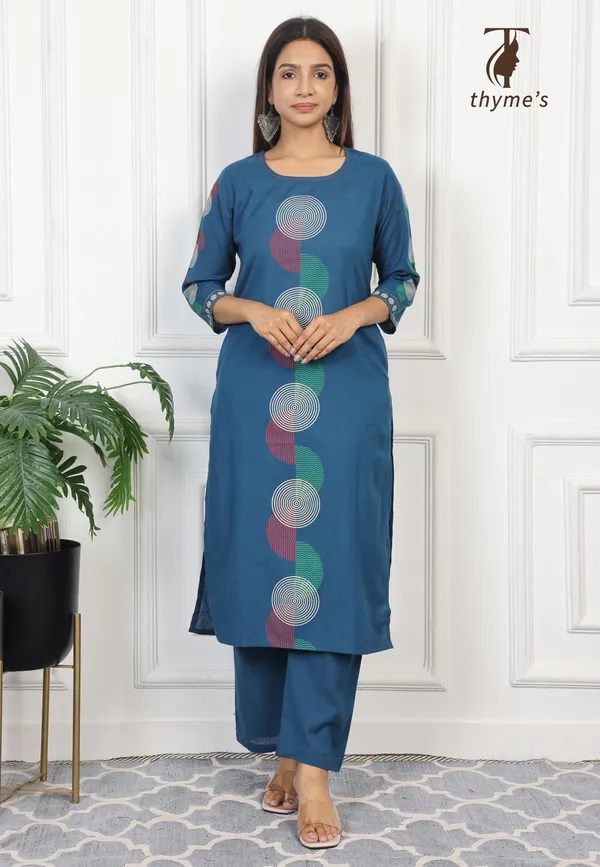Blue_Cotton_Block_Print_On_Kurta_&_Sleeves_With_Palazzo_Pant_Co-Ord_Sets_For_Women