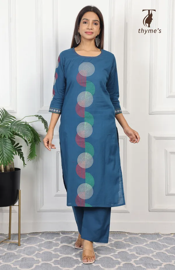 Blue_Cotton_Block_Print_On_Kurta_&_Sleeves_With_Palazzo_Pant_Co-Ord_Sets_For_Women