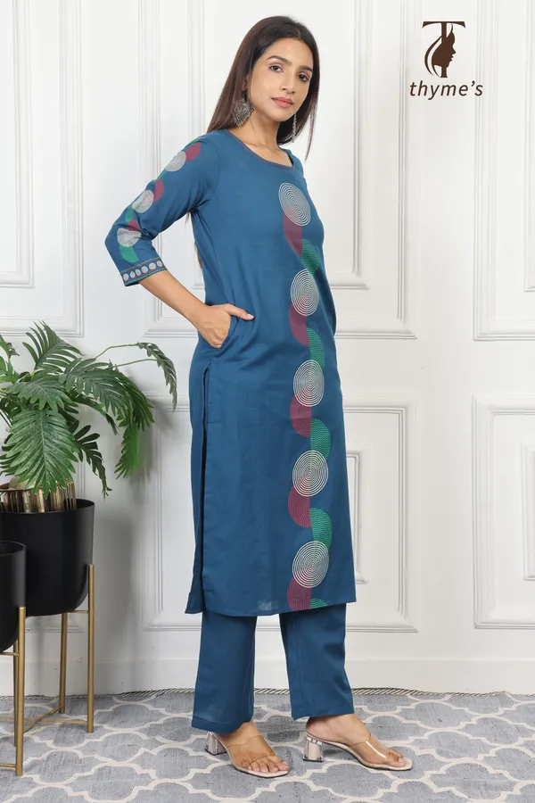 Blue_Cotton_Block_Print_On_Kurta_&_Sleeves_With_Palazzo_Pant_Co-Ord_Sets_For_Women