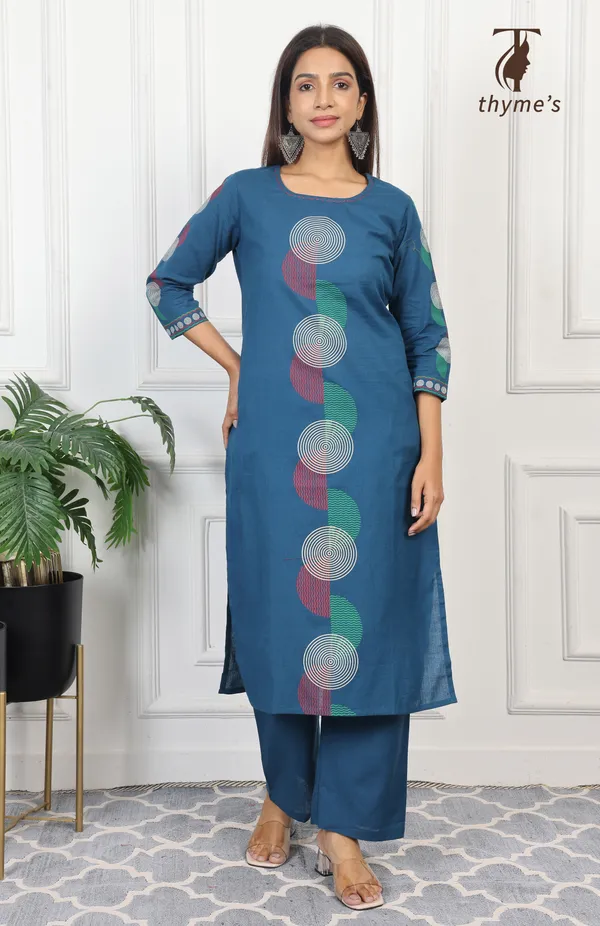 Blue_Cotton_Block_Print_On_Kurta_&_Sleeves_With_Palazzo_Pant_Co-Ord_Sets_For_Women