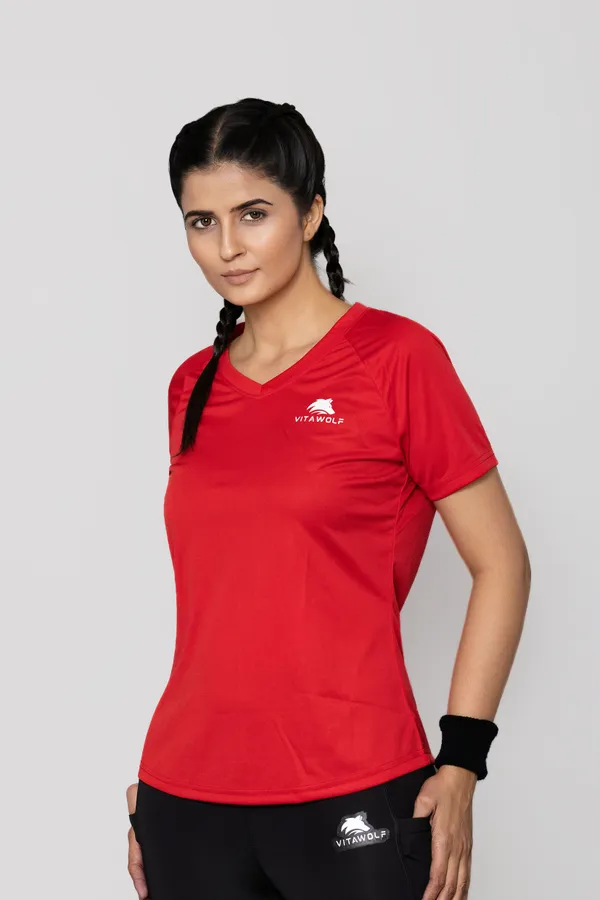 Red_Polyester_Casual_T-Shirt_For_Women