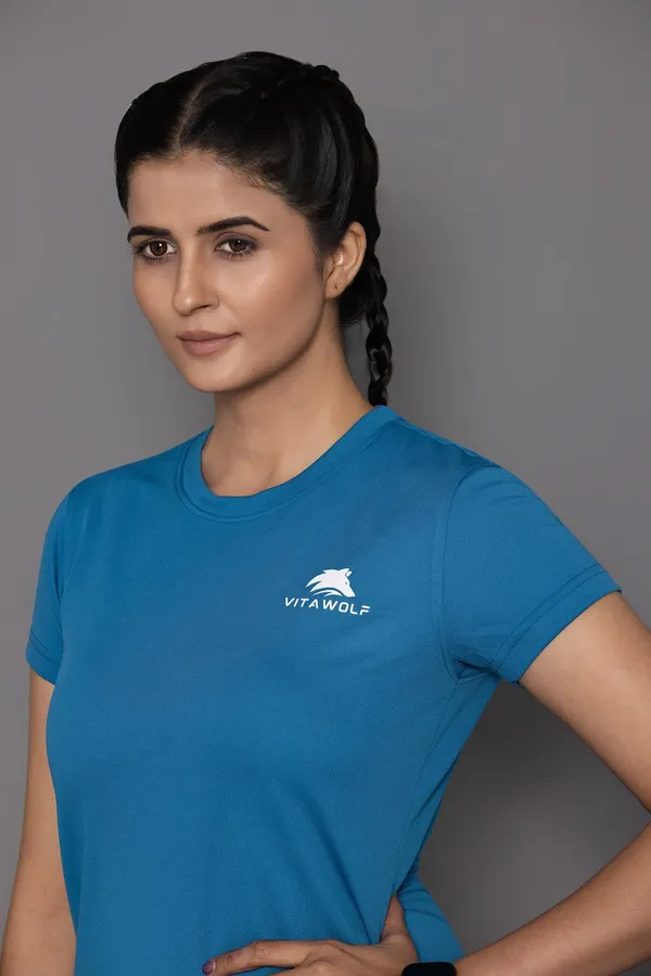 Teal_Polyester_Casual_T-Shirt_For_Women