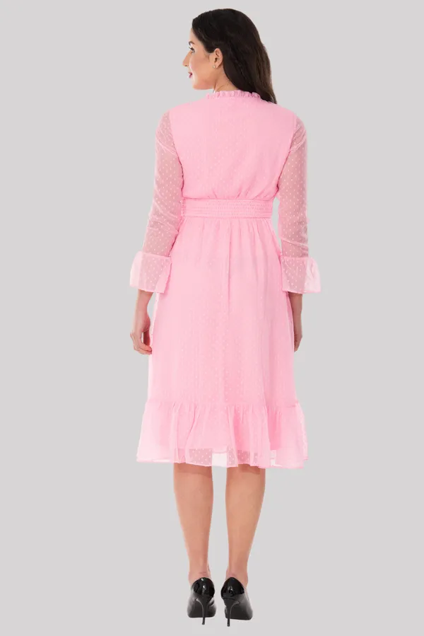 Baby_Pink_Georgette_Dobby_Dot_Smocked_Waist_Tie_Neck_Midi_Dress_For_Women_&_Girls