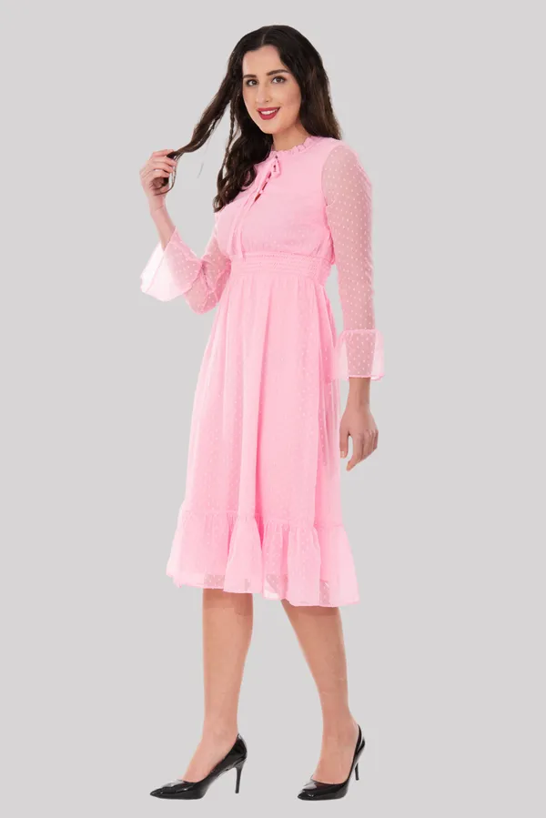 Baby_Pink_Georgette_Dobby_Dot_Smocked_Waist_Tie_Neck_Midi_Dress_For_Women_&_Girls