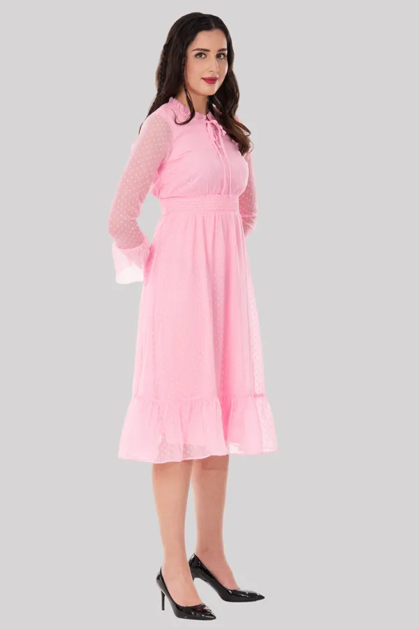 Baby_Pink_Georgette_Dobby_Dot_Smocked_Waist_Tie_Neck_Midi_Dress_For_Women_&_Girls