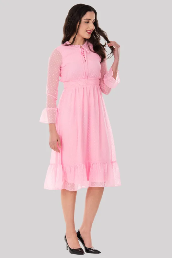 Baby_Pink_Georgette_Dobby_Dot_Smocked_Waist_Tie_Neck_Midi_Dress_For_Women_&_Girls