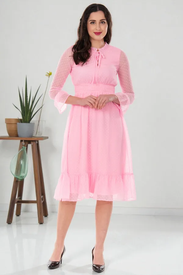 Baby_Pink_Georgette_Dobby_Dot_Smocked_Waist_Tie_Neck_Midi_Dress_For_Women_&_Girls