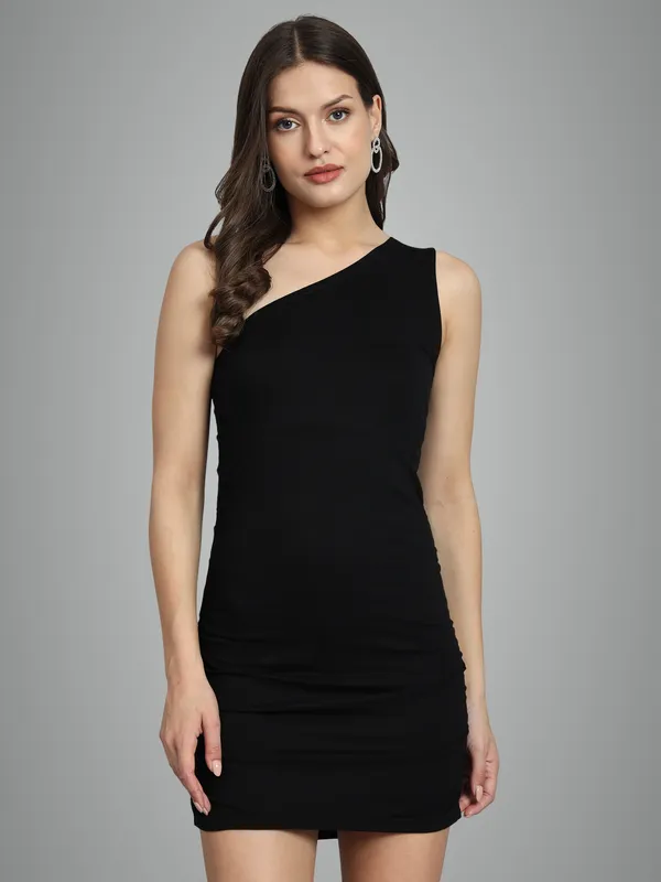 Black_Stretchable_Single_Shoulder_Mini_Bodycon_Dress_For_Women_&_Girls