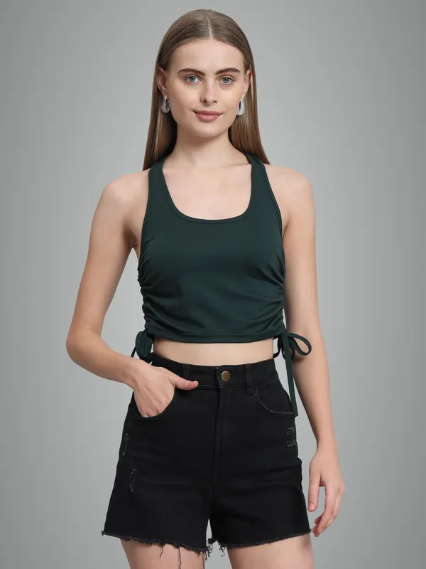 Bottle_Green_Deep_U-Neck_Sleeveless_Crop_Top_For_Women_&_Girls