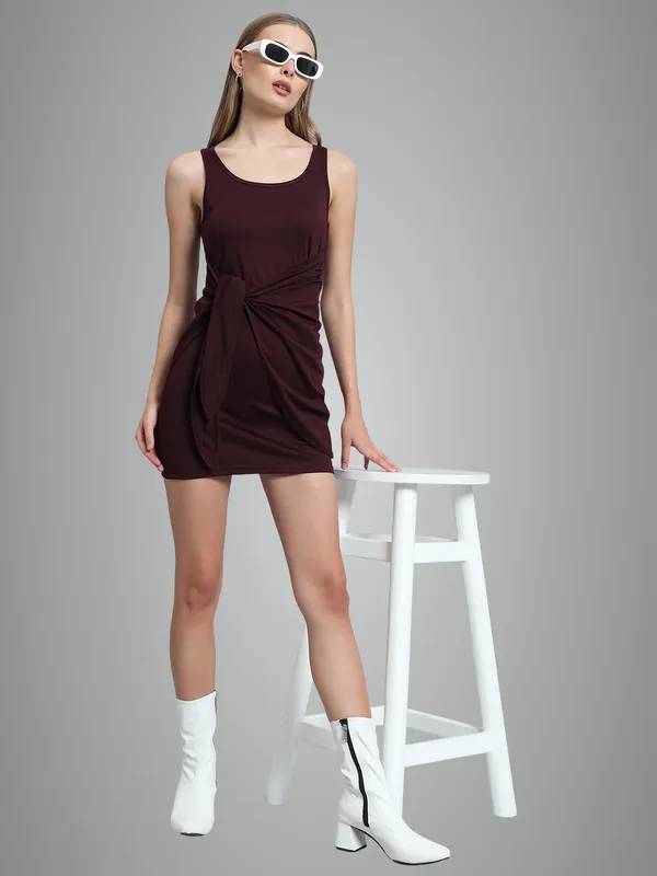 Wine_Cotton_Blend_Solid_Round_Neck_Sleeveless_Stretchable_Mini_Bodycon_Dress_For_Women_&_Girls