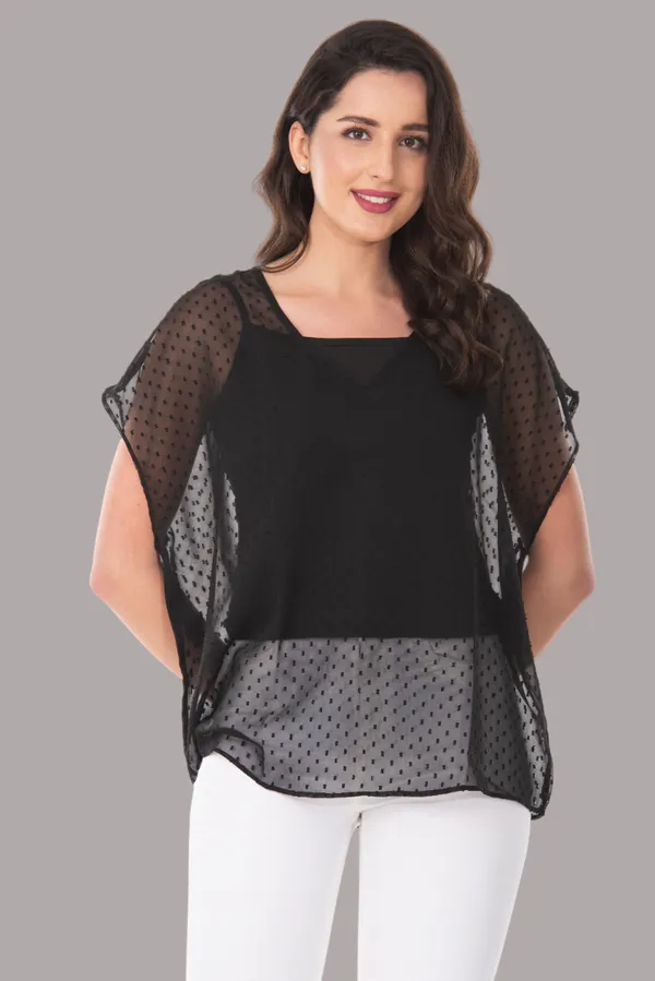 Black_V-Neck_Sheer_Dobby_Dot_Tunic_Top_For_Women_&_Girls