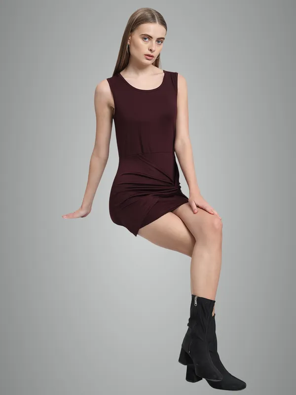 Wine_Cotton_Blend_Solid_Stretchable_Bodycon_Mini_Length_Dress_For_Women_&_Girls