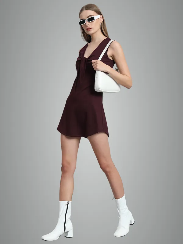 Wine_Cotton_Blend_Solid_Stretchable_Skater_Knot_Mini_Length_Dress_For_Women_&_Girls