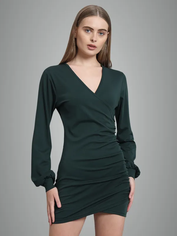 Bottle_Green_Cotton_Blend_Solid_Wrap_Mini_Length_Bodycon_Wrap_Dress_For_Women_&_Girls