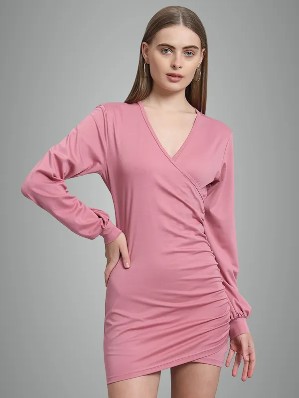 Light_Pink_Cotton_Blend_Solid_Wrap_Mini_Length_Bodycon_Wrap_Dress_For_Women_&_Girls