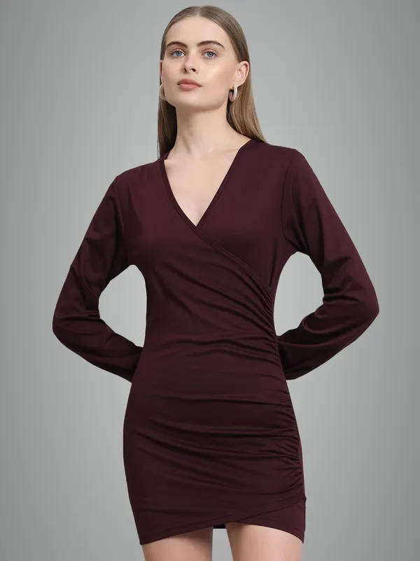 Wine_Cotton_Blend_Solid_Wrap_Mini_Length_Bodycon_Wrap_Dress_For_Women_&_Girls
