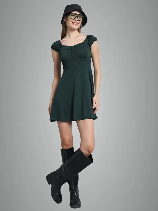 Bottle_Green_Cotton_Blend_Solid_Stretchable_Fit_&_Flare_Stylish_Mini_Length_Dress_For_Women_&_Girls