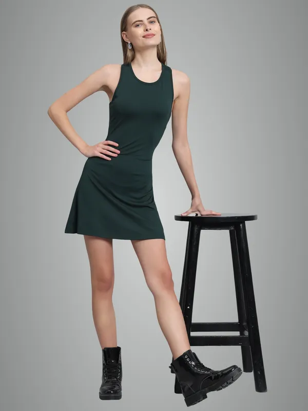 Bottle_Green_Cotton_Blend_Solid_Sleeveless_Stretchable_Skater_Dress_For_Women_&_Girls