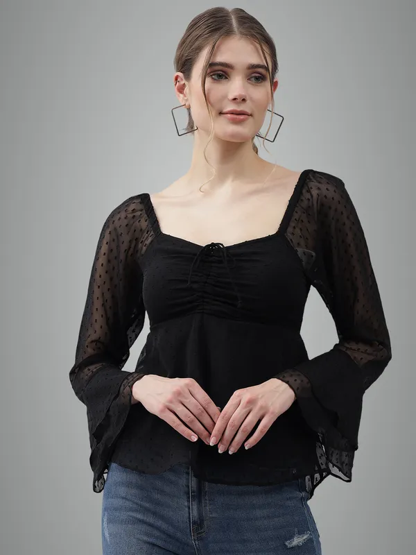 Black_Dobby_Dots_Dobby_Dots_Sweetheart_Neck_Flared_Sleeves_Sheer_Dobby_Dot_Ruched_Front_Peplum_Top_For_Women_&_Girls