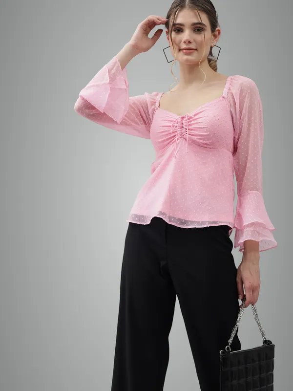 Baby_Pink_Sweetheart_Neck_Flared_Sleeves_Sheer_Dobby_Dot_Ruched_Front_Peplum_Top_For_Women_&_Girls