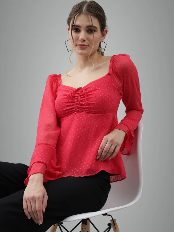 Peach_Sweetheart_Neck_Flared_Sleeves_Sheer_Dobby_Dot_Ruched_Front_Peplum_Top_For_Women_&_Girls