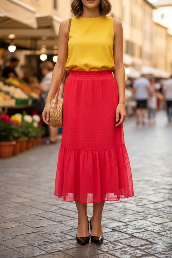 Peach_Georgette_Midi_Length_Ruffle_With_Inner_Lining_Skirt_For_Women_&_Girls