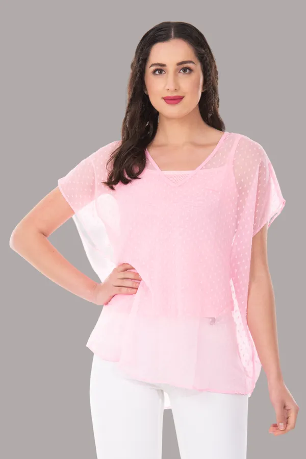 Baby_Pink_V-Neck_Sheer_Dobby_Dot_Tunic_Top_For_Women_&_Girls