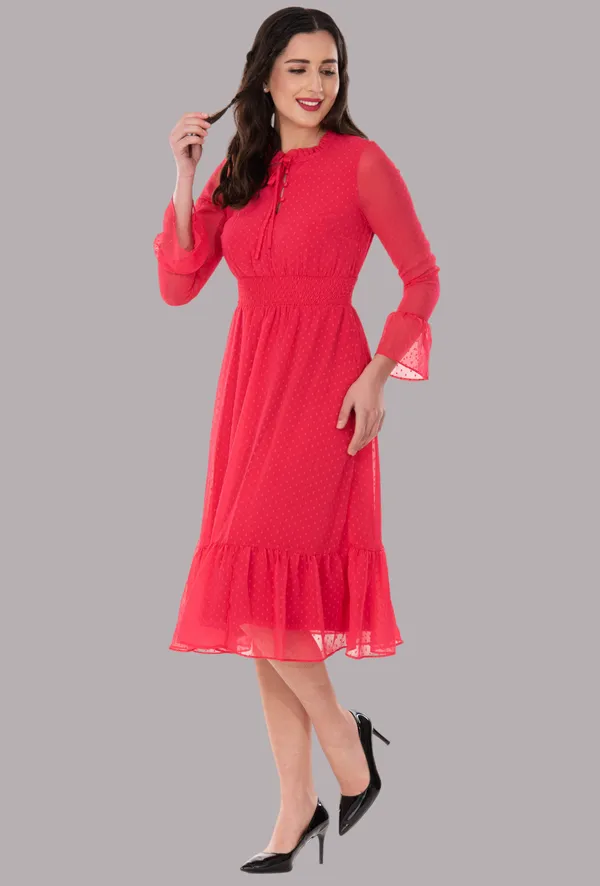 Red_Georgette_Dobby_Dot_Smocked_Waist_Tie_Neck_Midi_Dress_For_Women_&_Girls