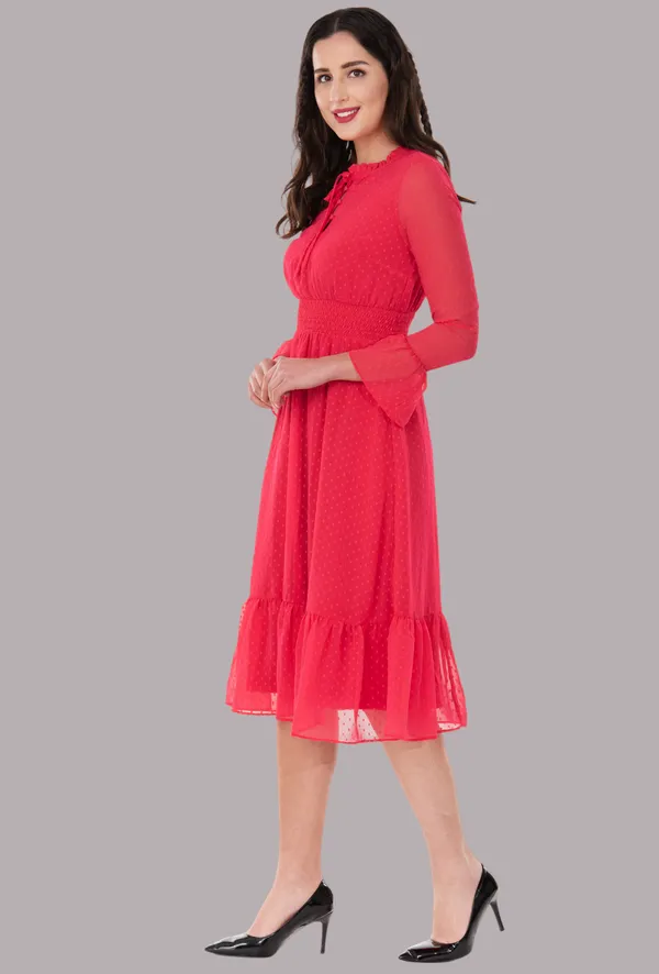 Red_Georgette_Dobby_Dot_Smocked_Waist_Tie_Neck_Midi_Dress_For_Women_&_Girls